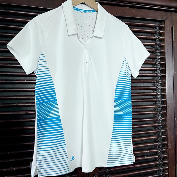 XL ADIDAS White Blue Tennis Golf Polo Shirt Block Striped Women’s Climachill - Picture 2 of 3